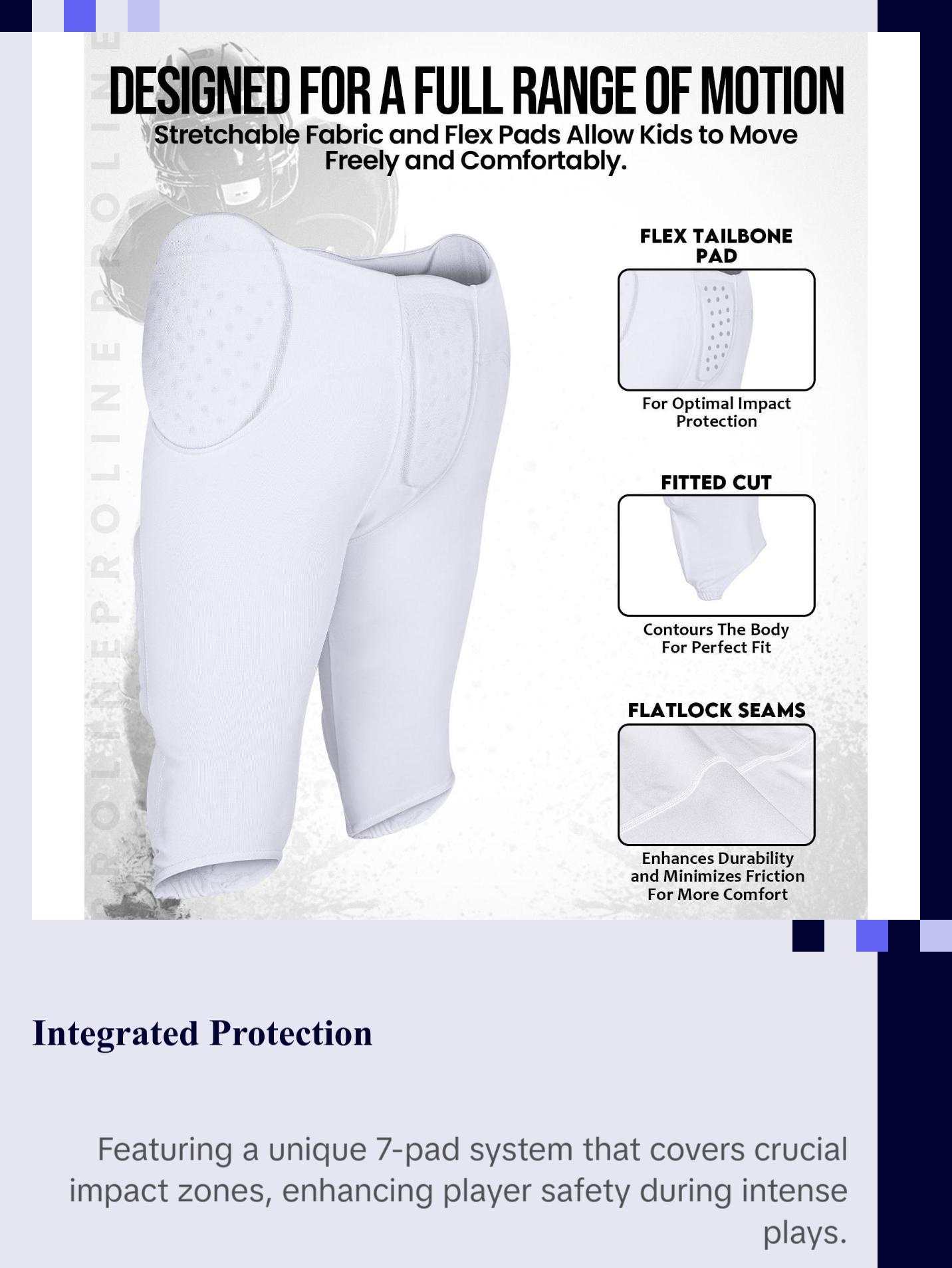 Exxact Sports Proline Youth Integrated Football Pants with 7 Flex Pads Lightweight Practice Trousers for Protection White Athletic Bottoms Active Top