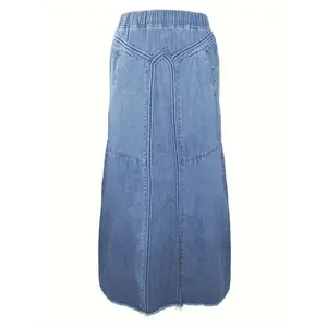 Plus Size Women'S High-Waisted Denim Skirt with Frayed Hem & Elastic Waistband - Casual Chic Long Dress, Solid Color, Three-Quarter Sleeve, Versatile for Fall & Winter, Denim Skirt