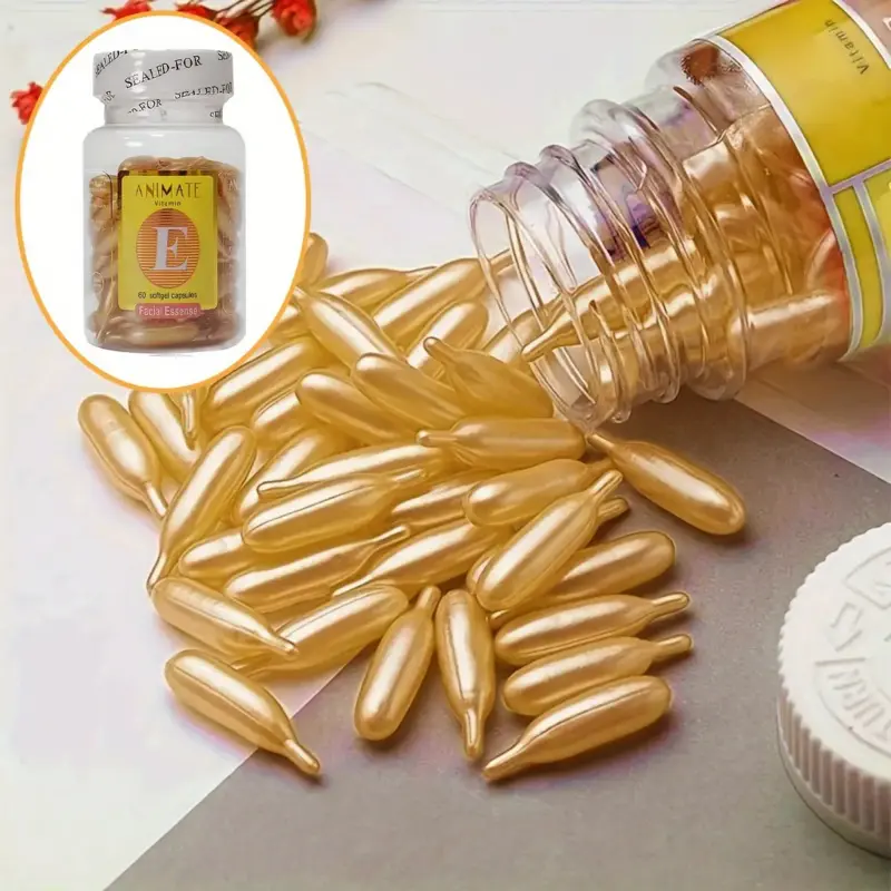 60 Pcs Vitamin E & Glycerin Capsules, Hypoallergenic Facial Oil Essence Serum for All Skin Types, Clear Glowing Skin, Hydrating, Moisturizing & Firming, Portable Light Beige Care Capsules for Nourishment, Moisture, Firming, Face Care Products