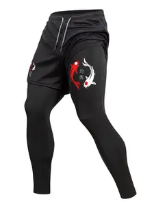 Men's Koi Fish Graphic 2 in 1 Compression Pants, Fitness Pants, Gym Workout Running Tights Leggings with Phone Pocket, Zipper Pocket, Towel Loop, Spring Fall Sporty Athletic Quick Dry Baselayer Activewear, Power Legging