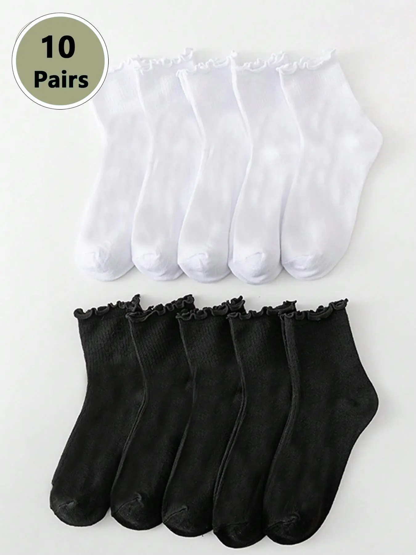 Women's 10 Pairs Solid Color Basic Lettuce Trim Crew Socks, Simple Comfy Breathable for Daily Outdoor Wear, Multipack Knit Socks for All Seasons, Fashionable Casual Daily Socks