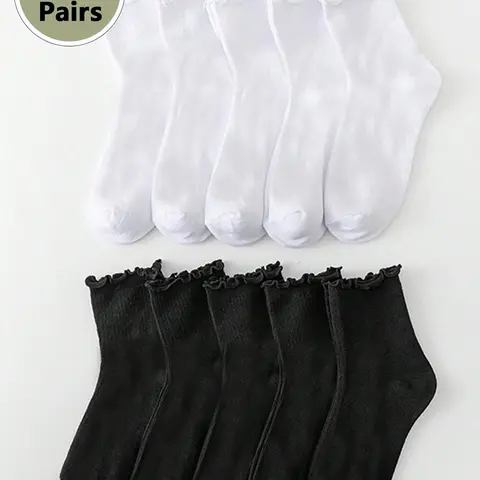 Women's 10 Pairs Solid Color Basic Lettuce Trim Crew Socks, Simple Comfy Breathable for Daily Outdoor Wear, Multipack Knit Socks for All Seasons, Fashionable Casual Daily Socks, Bulk Socks