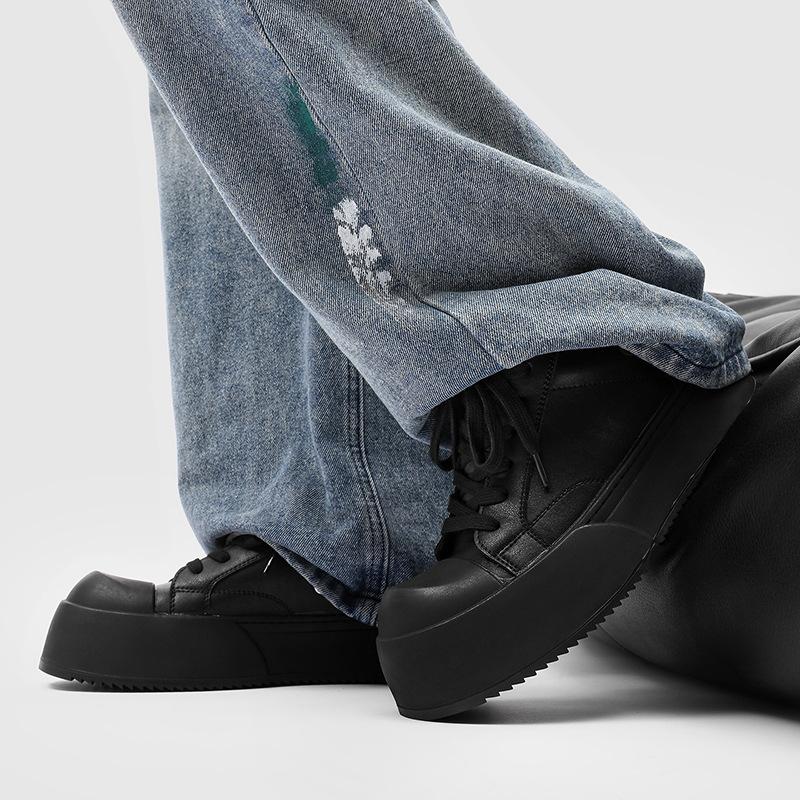 Men's Cleanfit Platform Sneakers All Black Leather-Like Simple Slim Leg Stylish