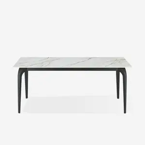 Rectangular Sintered Stone Dining Table with Calacatta White Marble Top and Black Legs