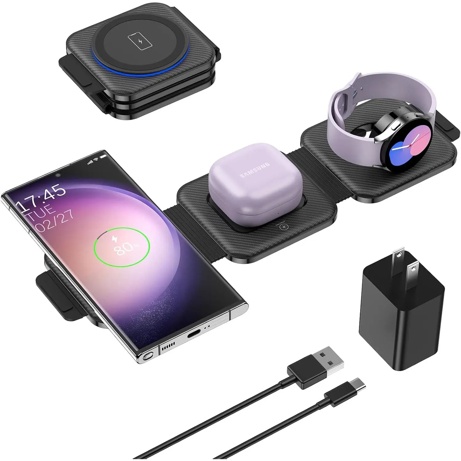 Travel Charger for  Multi Devices, Foldable 3 in 1 Wireless Charging Station Fast Charging Stand/Pad Compatible for  Galaxy S25/S24/S23/S22/S21/Note20 Galaxy Watch7/6/5/4/3 Galaxy Buds3