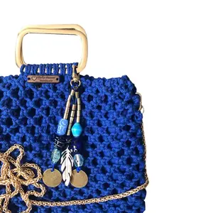 Macrame Blue Bag with Gold Handle and Beaded Charm - Handcrafted Accessory