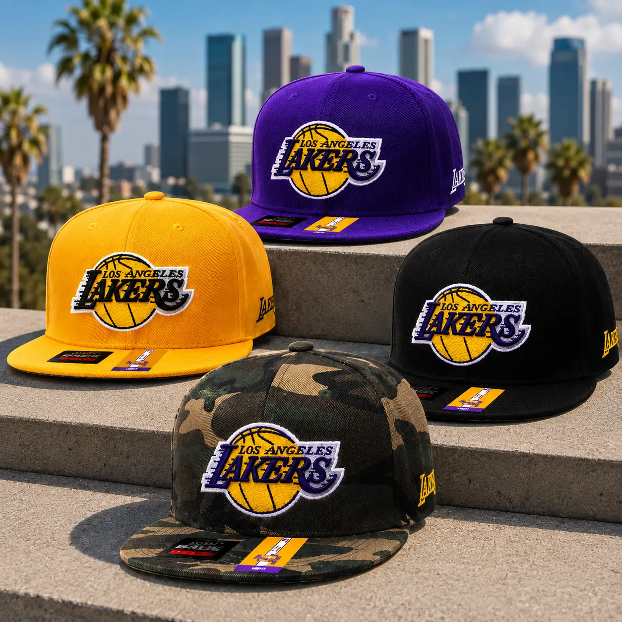 LA Lakers Snapback Hat – Purple Gold Black Camo Embroidered Flat Brim Basketball Cap