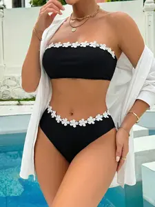 Women's Bikini Set, Sexy Solid Color Halter Top, Detachable Shoulder Straps, Embroidered Flowers, Beach Swimwear Summer Vacation Style