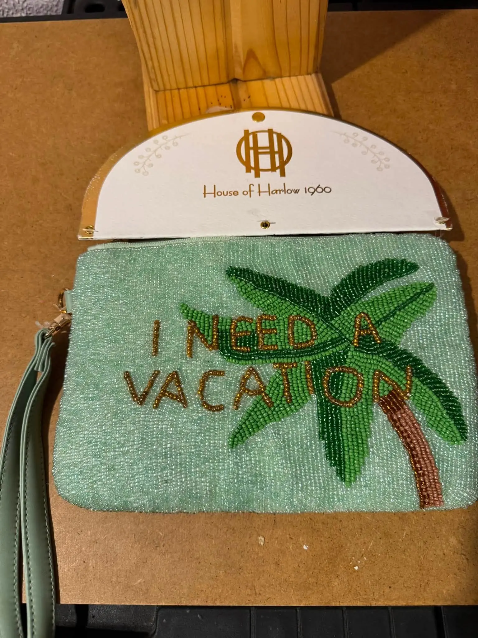 House of Harlow 1980 I Need A Vacation Beaded Clutch Bag with Palm Tree Design and Wrist Strap