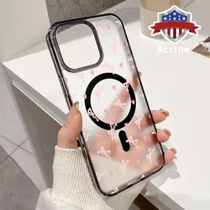 Magnetic Soft Case for iPhone 16 15 14 Pro Max 13 12 11 XR XS E Plus Drop Protection Transparent  Pink Ribbon Heart Reverie Pattern Shockproof Silicone Cover Supports Wireless Charging