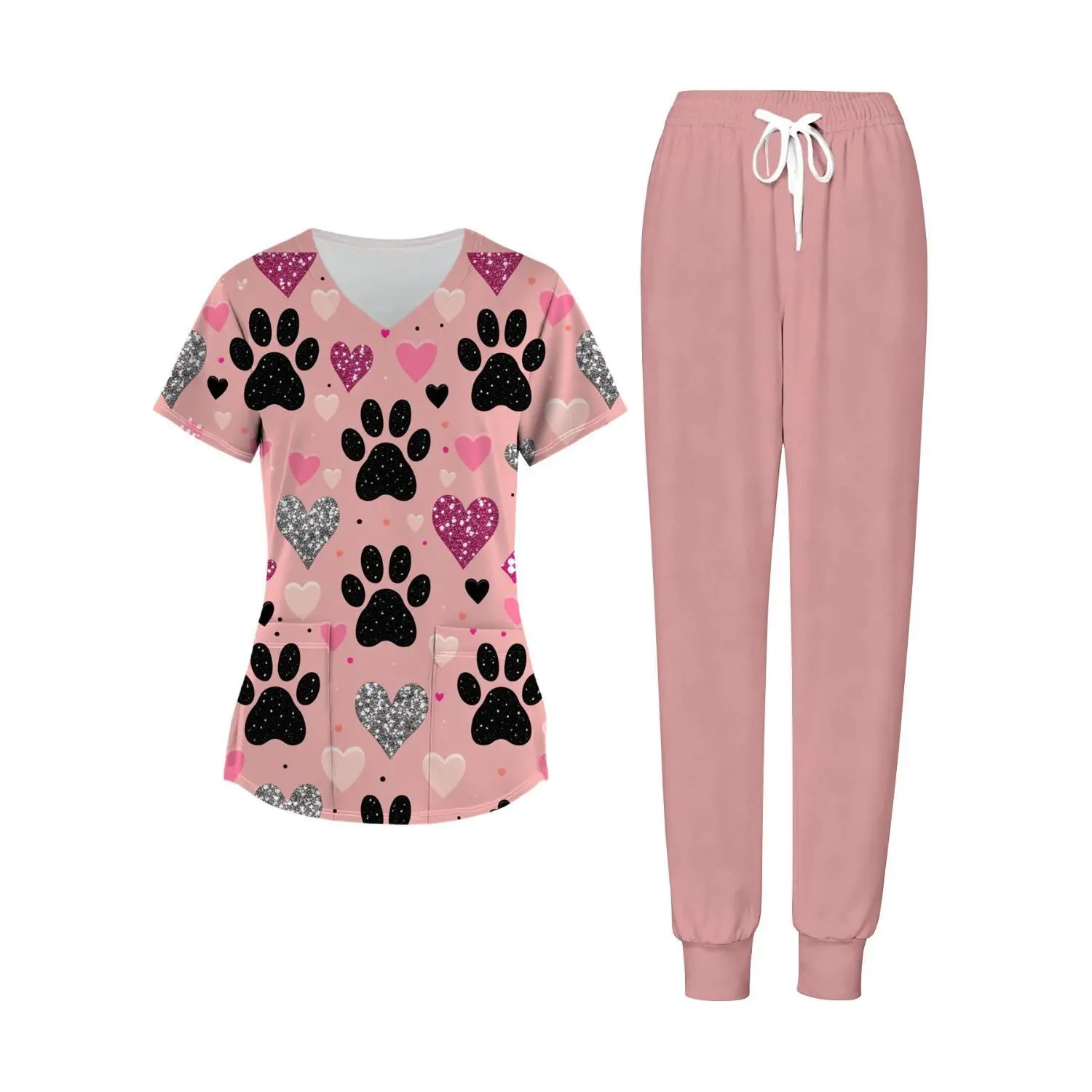 Plus Size Women's 2-Piece Pink Paw Print & Heart Valentine's Day V-Neck Top and Pants Scrubs Set - All-Season Comfort