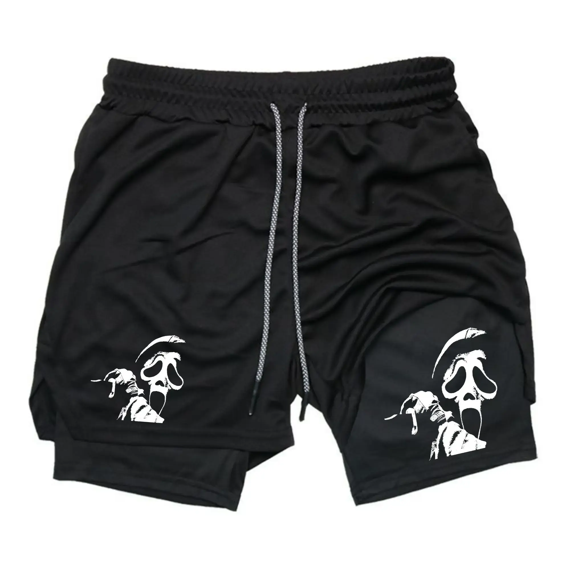 Men's Scream Ghostface Horror Killer 2-in-1 Double Layer Drawstring Gym Shorts - Stretchy Quick Dry Breathable Sport Fit Lightweight Performance Running Athletic Shorts with Liner, Breathable Sport Shorts