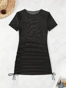 Women's Mesh See-Through Beach Cover Up - Slim Fit Drawstring Side Swimwear