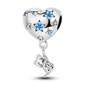 MULA Cat Starry Heart Balloon Pendant, S925 Silver-plated with Blue CZ -Compatible Bracelet for Girls, Women, Teens Birthday, Christmas, Valentine's Day or Animal Themed Celebrations