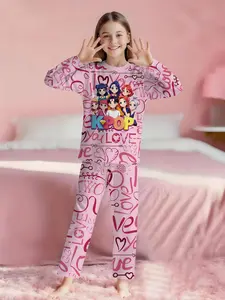 K-POP Idol Girls 2-Piece Long Sleeve Pajama Set, Pajama Outfit, Digital Print & Extra Long Pants, Flame Resistant Fabric, Soft & Comfortable 100% Polyester Loungewear, Cozy Sleepwear, Perfect Gift for Little Girls