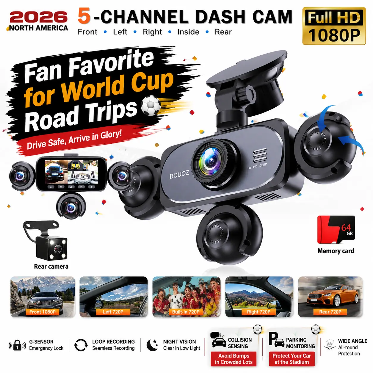 BCUOZ 360° Panoramic 5-Lens Full HD 1080P Dashcam,Not wireless, 1080P Front and 720P Full coverage of Rear/Left/Right/Inside,3.16 inch Five-Split  Screen Display,Night Nision,, G sensor, Loop Recording -Car Instrument Recorder, Free 64GB Memory Card