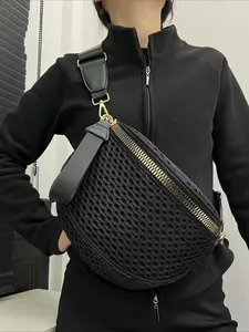 Ladies' fashionable mesh lightweight chest bag, semi-circular casual sports running crossbody bag, solid color texture mesh design, multifunctional daily crossbody bag
