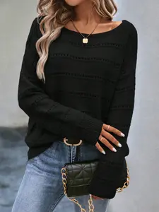 Women's Fashion One-Piece Sweater Knitwear, Autumn Winter Round Neck Pullover, Hollow Out Design, Casual Simple Pure Color Knit Long Sleeve Top