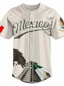 Mexico Heat Baseball Jersey, Slim Fit Button Down Sports Shirt, Green White Red Athletic Fan Clothing, Mexico Inspired Game Day Apparel for Men
