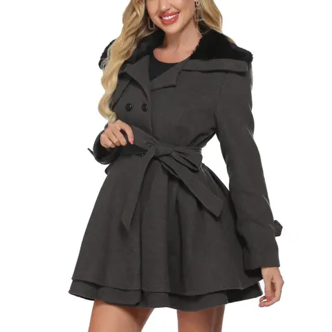 ZEAGOO Women's Elegant Soft Faux Fur Lapel Double-Breasted Thick Wool Long Sleeve Trench Coat Garment - Basic, Casual, Comfortable Fashion Winter Warm Fitted Jacket with Adjustable Button Front, Cuffs, Back Buttons (S-2XL) for Christmas