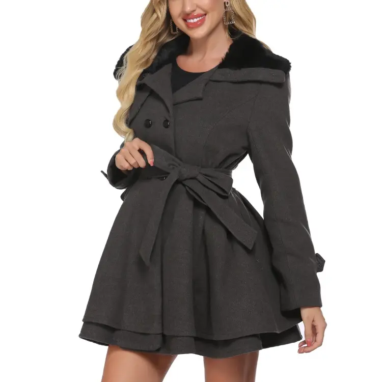 ZEAGOO Women's Elegant Soft Faux Fur Lapel Double-Breasted Thick Wool Long Sleeve Trench Coat Garment - Basic, Casual, Comfortable Fashion Winter Warm Fitted Jacket with Adjustable Button Front, Cuffs, Back Buttons (S-2XL) for Christmas
