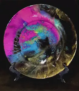 Painted Glass Plates by Irfan Murtaza / Purple/Gold/Blue/Black / 10.5" / Decorative Art Collection
