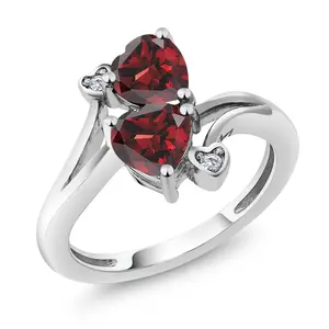 Gem Stone King 10K White Gold Double Heart Gemstone Birthstone & Diamond Accent Ring for Women | Heart Shape 6MM | Round 1.5MM | Gift Promise Anniversary Ring