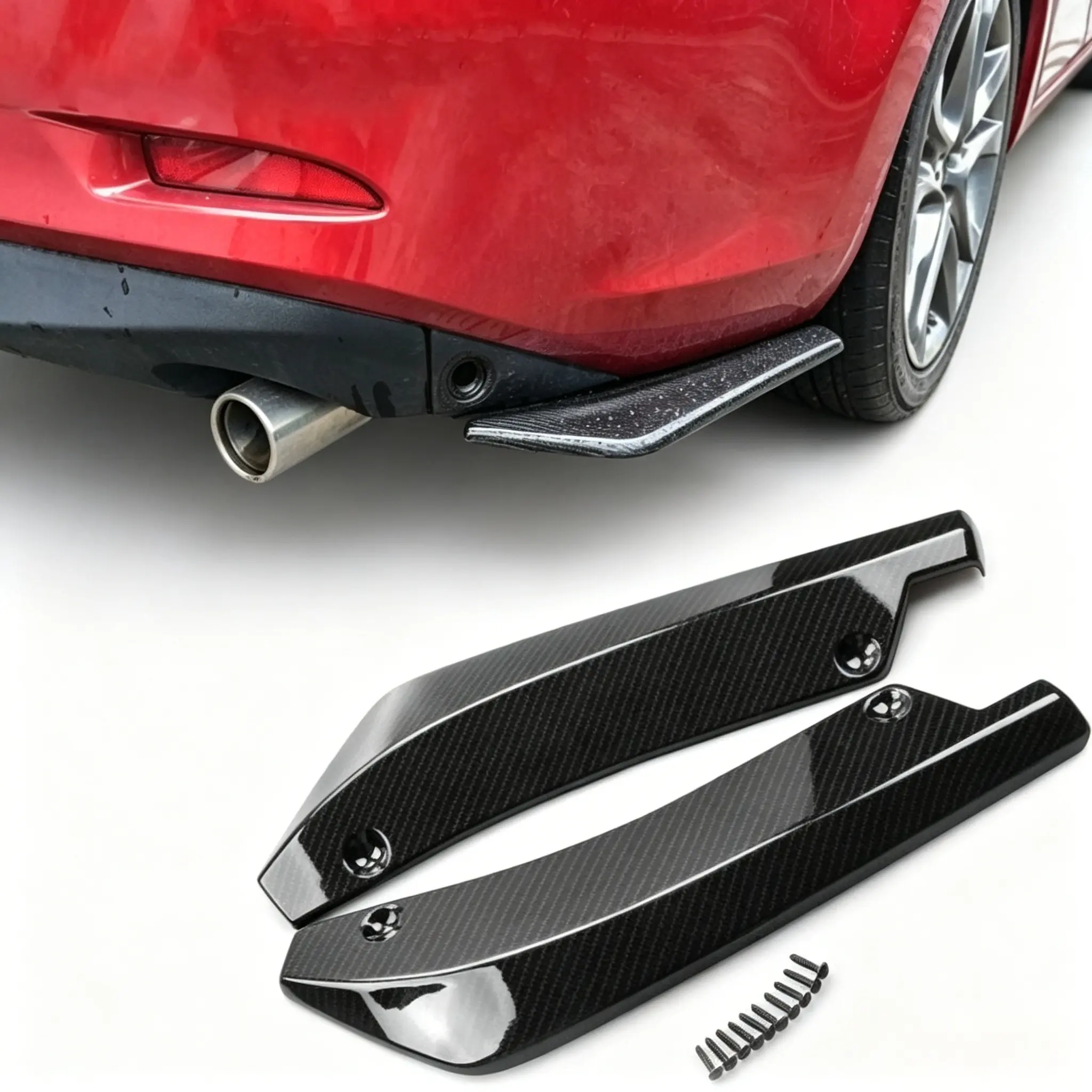 2PCS Universal Car Rear Bumper Corner Splitters - Custom Builds Auto Side Skirt Extension Trim with Simple Installation & Sleek Curved Design, Sporty Exterior Upgrade Styling Accessories (Glossy Black/Carbon Fiber Pattern)