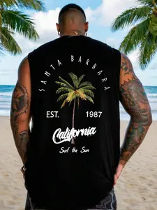 Men's Casual Fitted Vest, Tropical Coconut Tree Print, American Vintage Style, Vacation Atmosphere, Graphic Pattern, Comfortable Wear