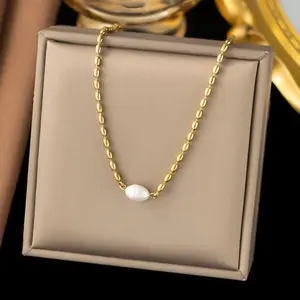 Pearl Beaded Necklace - Elegant Gold Chain with Single Pearl Pendant for Women's Jewelry