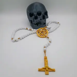 Ruined Halo White Wooden Beads with Golden Cord Inverted Rosary
