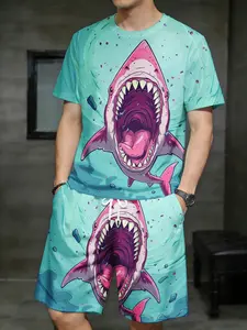 summer collection Men's shorts + short sleeve set two-piece set 3D full-frame printing Pink Shark With Open Mouth On Blue Background loose and breathable Casual sports, trendy and versatile short sleeve T-shirt, shorts Print Suitable Pattern Outfit