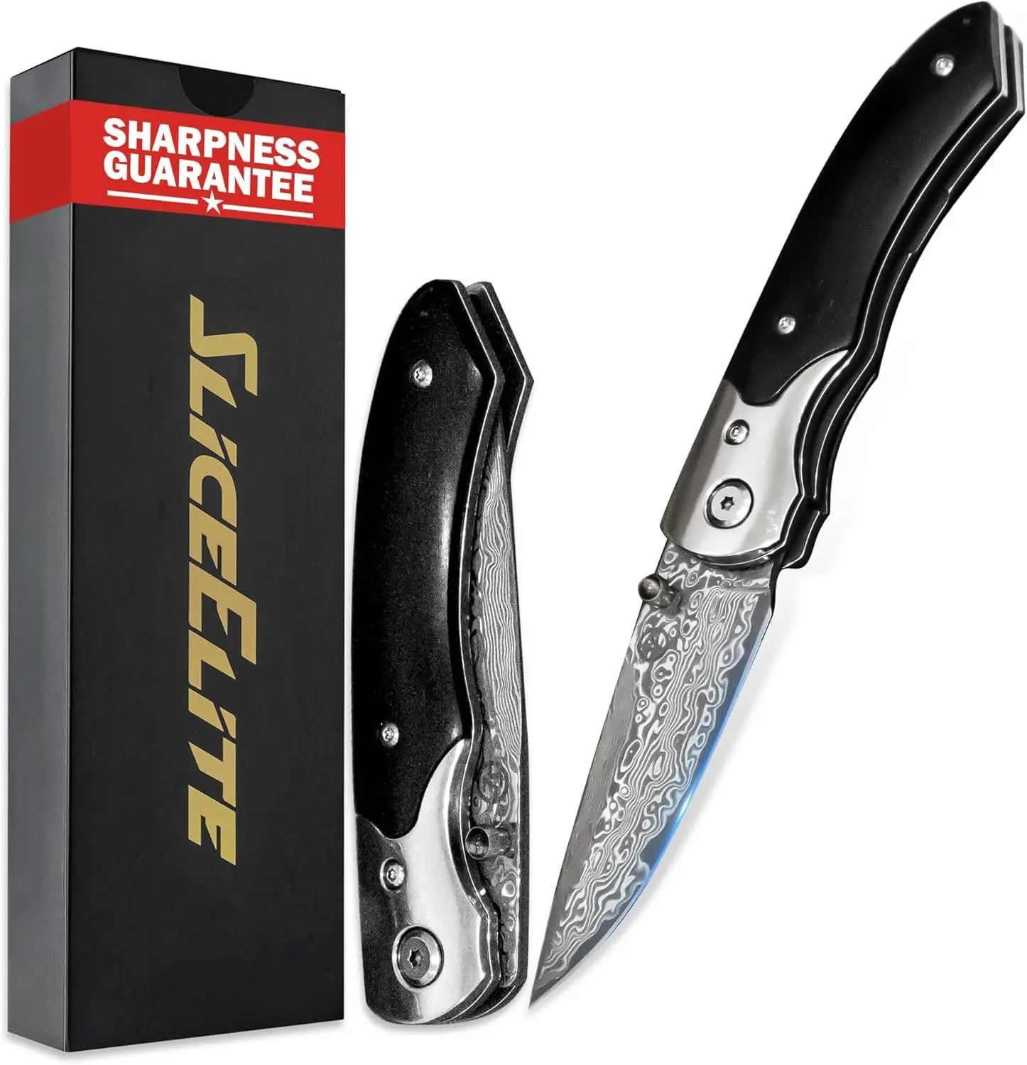 SliceElite Black Sangre Premium Folding Knife | Pocket Knife for Men with Ebony Wood Handle & 67-Layer Damascus VG10 Blade | Tactical Gear EDC Knife with Liner Lock for Luxury Precision