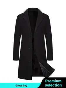 Men's Business Woolen Coat, Fashion Double Collar Mid-Length Jacket, Solid Button Front Lapel Neck, Regular Fit Casual Outerwear Formal Overcoat, Solid Trench Coat, Solid Color Coat