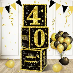 3pcs 40th Birthday Decorations Boxes for Men Women, Black Gold Happy 40 Birthday Balloons Boxes Party Supplies, 40 Year Old Bday Theme Cardboard Box Decor