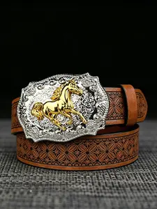 Western style "Silver Shield Gold Steed" personalized alloy buckle belt, 1.46in/3.7cm wide fashionable checkered embossed belt, available in brown and black, unisex trendy belt.