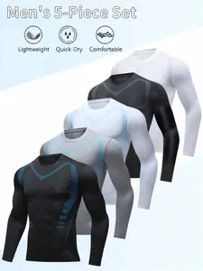 Men's Athletic Top 5-Piece Set Spring Summer Casual Long Sleeve T-Shirts Crew Neck Striped Design High Elasticity Slim Fit Breathable Moisture Wicking Quick Drying Properties Menswear Motocross