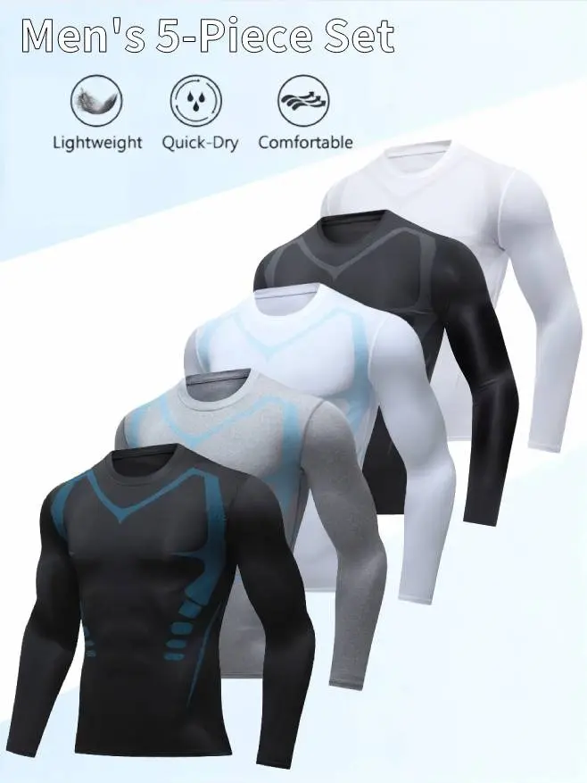 Men's Athletic Top 5-Piece Set Spring Summer Casual Long Sleeve T-Shirts Crew Neck Striped Design High Elasticity Slim Fit Breathable Moisture Wicking Quick Drying Properties Menswear Motocross