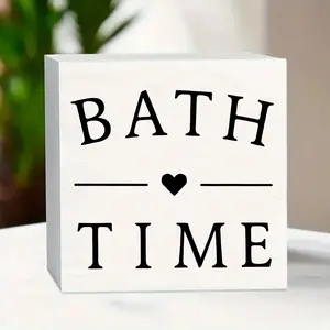 1pc "Bath Time" wood Sign, Wooden home sign - Black & White Heart Design, Ideal for Bathroom, Toilet, Vanity Decor, Easy to Mount, Durable, Bathroom Wall Art, Playful Decor