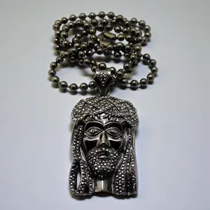 MaxBling81 Men's Christian Hematite Black Jesus Head Cubic Zirconia Religious Design Metal Construction Pendant, 6mm 36" Bead Ball Chain, Hip Hop Daily Costume Jewelry Chains