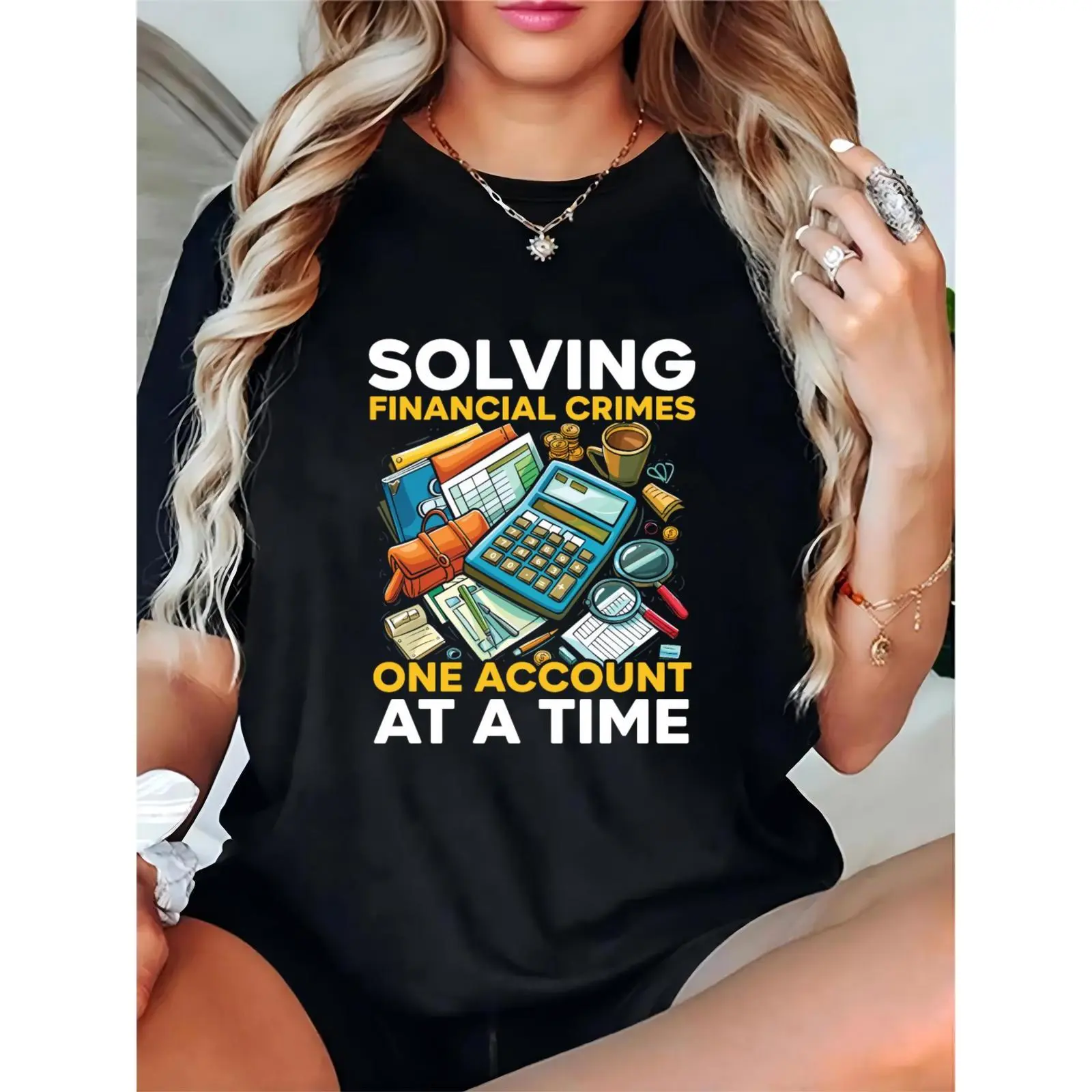 Women's Solving Financial Crimes One Account At A Time T-Shirt, Accounting Finance Graphic Tee, Casual Work Office Top for Financial Professionals