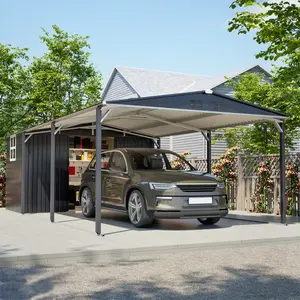 12'x23' Metal Carport Storage Shed, Heavy Duty Steel Garage with Sliding Door, UV Panel & Waterproof Sloped Roof, Reinforced Structure for Car Boat Tractor Farm – Grey
