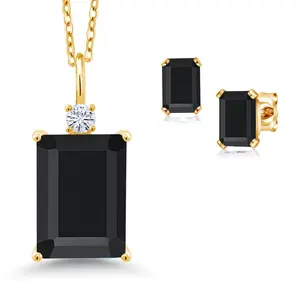 Gem Stone King 18K Yellow Gold Plated Silver Black Onyx and White Moissanite Pendant Necklace Earrings Set For Women (7.82 Cttw, Gemstone December Birthstone, Emerald Cut 14X10MM and 6X4MM, with 18 Inch Chain)