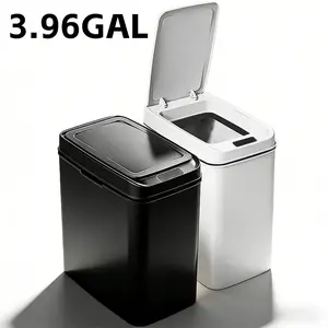 15L/3.96Gal Automatic Sensor Flip-Top Smart Trash Can, Kitchen Trashcan, featuring wave and knee-sensing activation, lightweight and space-saving design, powered by 2 AA batteries, suitable for office, bedroom, living room, kitchen, and bathroom