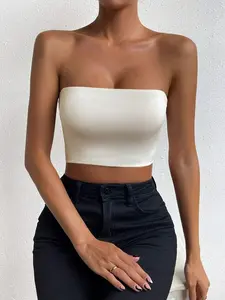 Solid Crop Tube Top - White Strapless Sleeveless Slim Fit Summer Homecoming Top for Women, High Stretch Fabric, 95% Polyester 5% Elastane, Machine Wash or Dry Clean