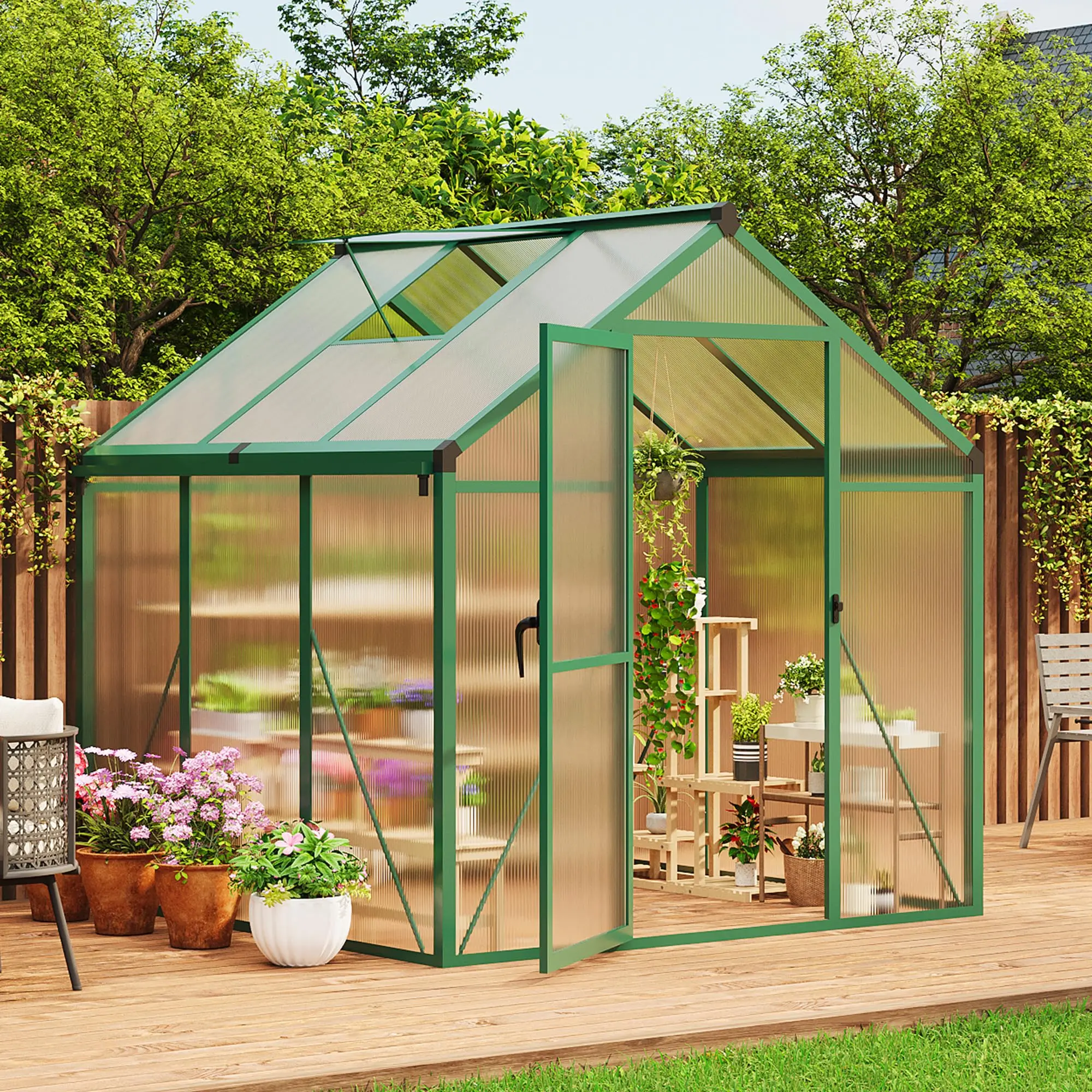 6x6 FT Walk-In Greenhouse for Outdoor Gardening, Polycarbonate with Roof Vent, Quick Setup, Enhanced Aluminum Frame - Ideal for All Seasons