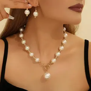 Elegant Women Faux Pearl Jewelry Set Vintage Clavicle Chain Handmade Bohemian Short Faux Pearl Earrings Exquisite Shiny Artificial Pearls Necklace Party Birthday Wedding Engagement Anniversary Jewelry