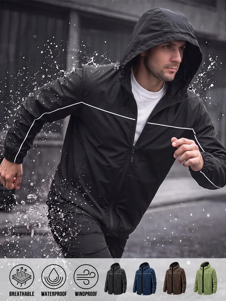 Versatile Men Athletic Hooded Windbreaker, Water‑Repellent Wind‑Resistant Material, Stylish Reflective Contrast Piping, Full‑Zip Outer Jacket for Running, Gym and Everyday Casual Wear