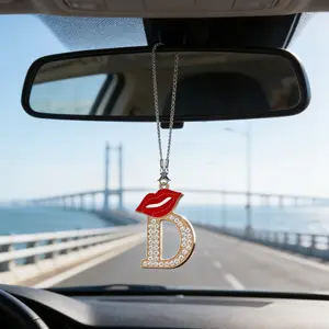 Alloy Rhinestone Lip Letter Rearview Mirror Hanging Ornament, Alloy Material, 26 Letter Car Interior Decor, Stylish Car Accessory
