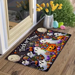 Halloween Doormat Trick Or Treat Non Slip Flannel Mat Ghost Pumpkin Candy Print Machine Washable Rug For Kitchen Bedroom Decor quick drying bathroom mat decorative area rug indoor area